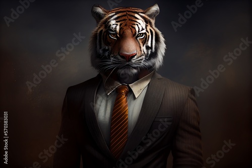 Portrait of tiger in a business suit. Generative AI