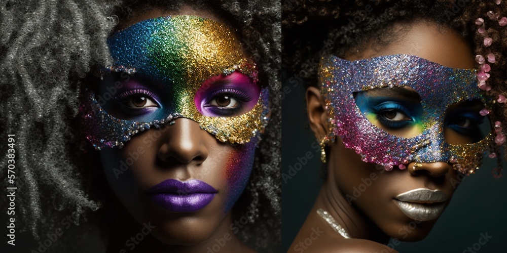Junge hübsche Afroamerikanerin mit tollem Make-Up und Maske im Karneval Porträt, ai generativ