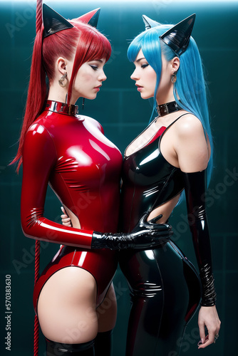 Two women in latex red catsuits are posing for a picture together in a dark room with a window. Generative AI
