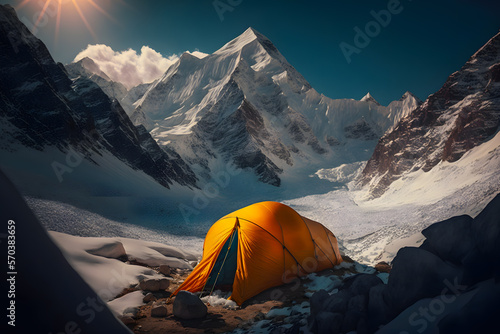 Fototapeta Tent camp and orange tents on the plateau of a mountain valley, the point of acclimatization of climbers before a high-altitude hike