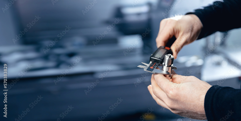 Fototapeta premium Industry Engineer working with metal detail after CNC machine turning cutting iron