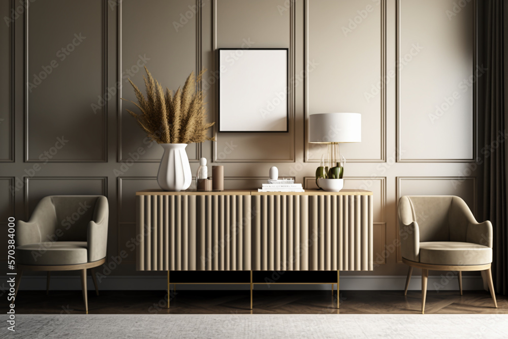 Interior of modern living room with beige sideboard over wooden ...