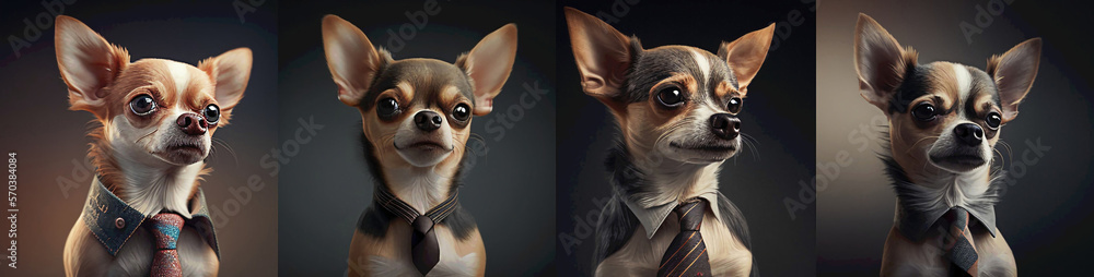 Dog in a tie. Chihuahua in a tie. collage. Generative AI