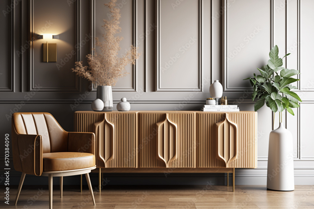 Interior of modern living room with beige sideboard over wooden ...