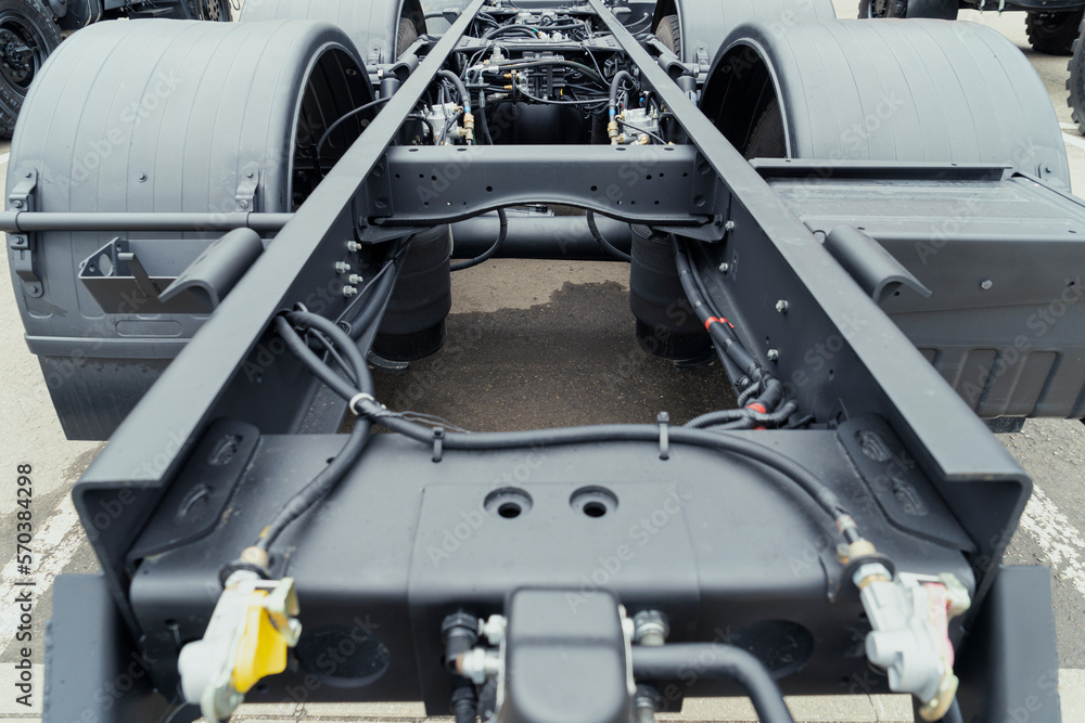 custom made wallpaper toronto digitalUnderneath View of a Semi Truck or Trailer Rear Axle with the Suspension, Brake Cylinder Pod pneumatic system Close up View. Mud truck chassis frame suspension with wheel and arms with silent blocks