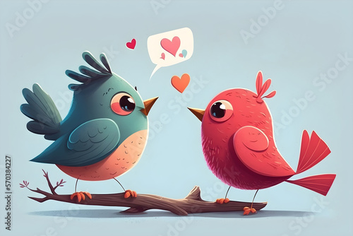 A pair of lovebirds exchanging Valentine's Day wishes. Illustration in cartoon style. (ID: 570384227)