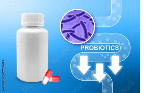 Probiotics banner template. Probiotic in capsule with digestive system. EPS10 vector