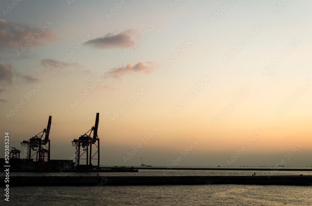 silhouette of a crane in the port of Istanbul