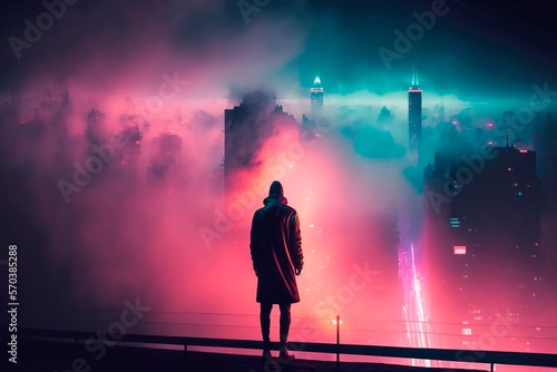 A man in a futuristic hooded jacket stands on top of a skyscraper on a blurred cyberpunk city panorama background with bright neon lights. Photorealistic Generative AI illustration.
