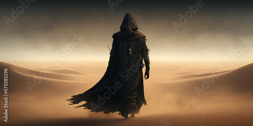 Fotografiet scary dark man walking across the desert, fantasy landscape illustration generat
