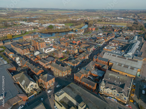 Fototapeta Naklejka Na Ścianę i Meble -  Castleford, West Yorkshire, England. Aerial view of Castleford, mining town known for it's Ski centre and retail outlet, Rugby team and roman settlement alongside the river Are. 