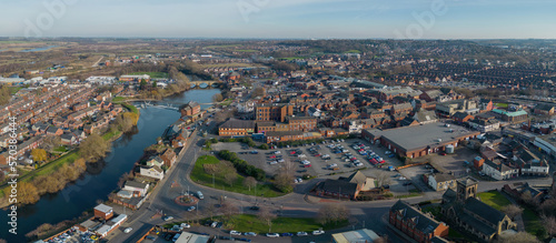 Castleford, West Yorkshire, England. Aerial view of Castleford, mining town known for it's Ski centre and retail outlet, Rugby team and roman settlement alongside the river Are.  photo