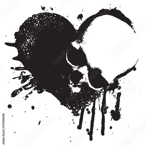 Vector abstract heart sign with drops, blood splatter and human skull. Bloody heart with stains isolated on a light background. Suitable for t-shirt design, tattoo, sticker, design element