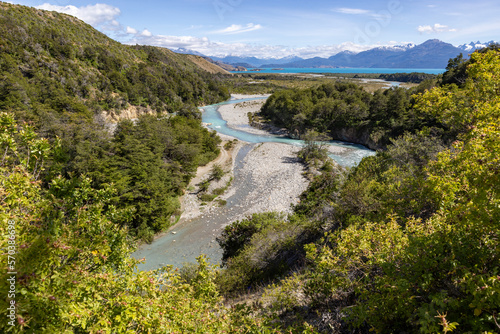 Aerial View of a creek flowing to the beautiful Lago General Carrera in southern Chile - Traveling the Carretera Austral 