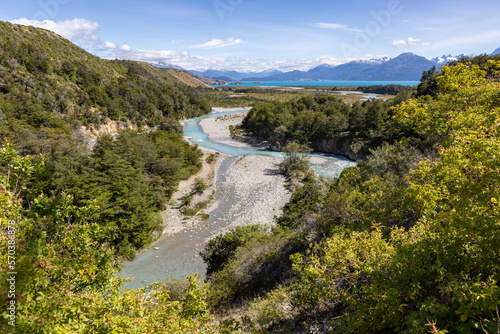 Aerial View of a creek flowing to the beautiful Lago General Carrera in southern Chile - Traveling the Carretera Austral 