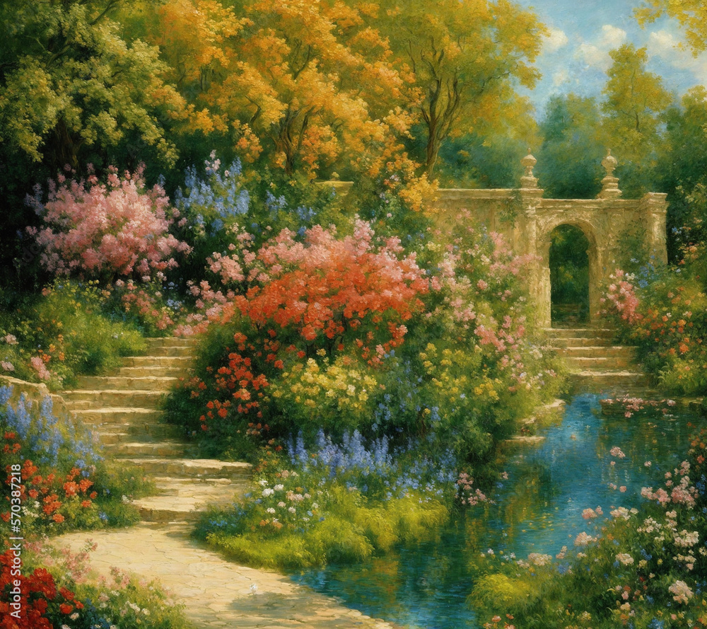 Impressionist oil painting of a garden with a pond, generative painting Impressionist oil painting of a garden with a pond, generative painting