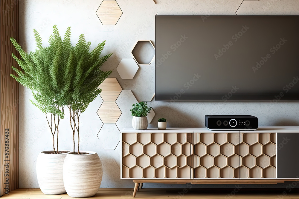 Japanese style granite TV cabinet with wooden hexagon tiles on the