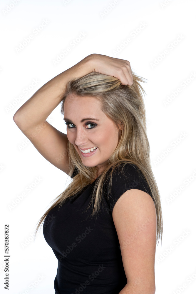 Animated Blonde Model Poses In A Studio Environment Against A White Background Animated Blonde Model Poses In A Studio Environment Against A White Background