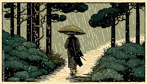 Japanese Ukiyoe Woodblock Print style art, walking on a forest path in the rain, minimalist