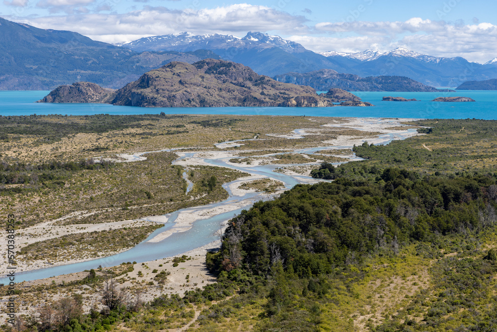Aerial View of a creek flowing to  the beautiful Lago General Carrera in southern Chile - Traveling the Carretera Austral 
