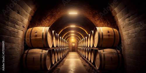 A wine cellar with barrels - AI generative photo