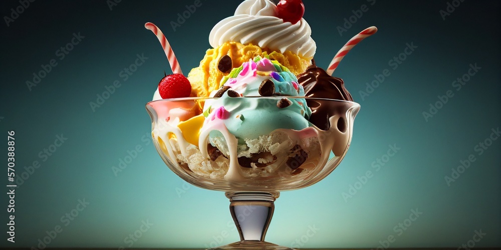 Leckerer bunter Eisbecher zum Nachtisch im Sommer, Kalorien inklusive. AI generativ Stock