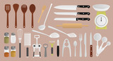 Collection d'objet de cuisine pour cuisiner : couverts, couteaux, ustensiles, cuillères, épices, éplucheur, balance, rouleau à pâtisserie