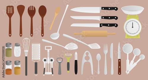 Collection d'objet de cuisine pour cuisiner : couverts, couteaux, ustensiles, cuillères, épices, éplucheur, balance, rouleau à pâtisserie photo