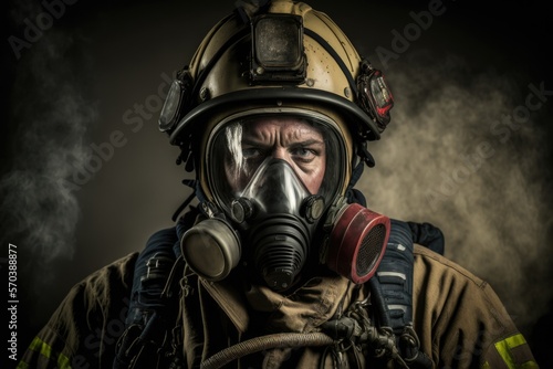 Close up portrait of a serious fireman wears an oxygen mask on his face and protective helmet. Nice cinematic atmosphere lighting , person created by AI generative. © Nataly