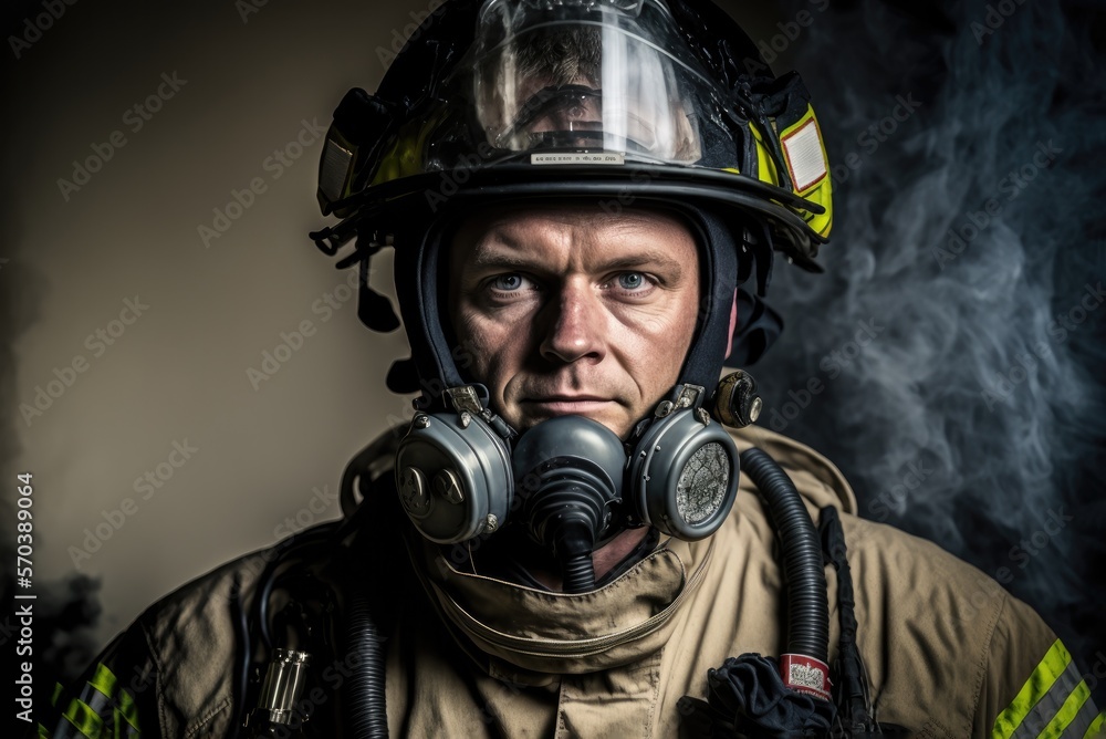 Close up portrait of a serious fireman wears an oxygen mask on his face and protective helmet. Nice cinematic atmosphere lighting , person created by AI generative.