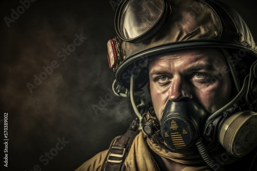 Close up portrait of a serious fireman wears an oxygen mask on his face and protective helmet. Nice cinematic atmosphere lighting , person created by AI generative. © Nataly