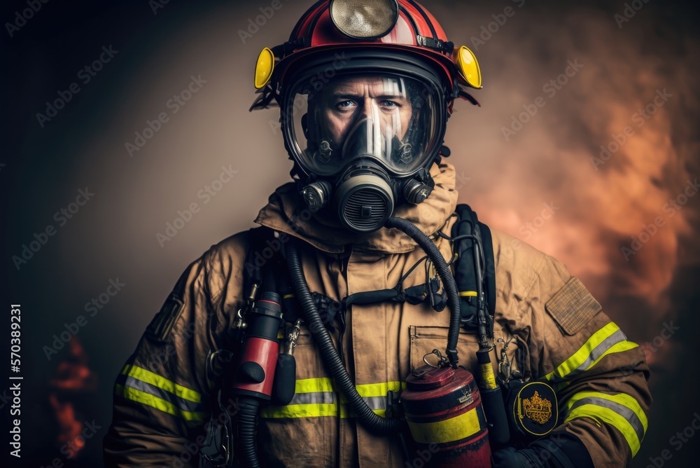 Close up portrait of a serious fireman wears an oxygen mask on his face and protective helmet. Nice cinematic atmosphere lighting , person created by AI generative. Close up portrait of a serious fireman wears an oxygen mask on his face and protective helmet. Nice cinematic atmosphere lighting , person created by AI generative.