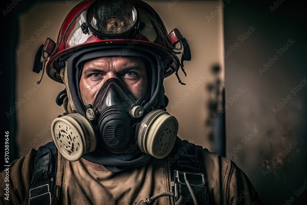 Close up portrait of a serious fireman wears an oxygen mask on his face and protective helmet. Nice cinematic atmosphere lighting , person created by AI generative. Close up portrait of a serious fireman wears an oxygen mask on his face and protective helmet. Nice cinematic atmosphere lighting , person created by AI generative.