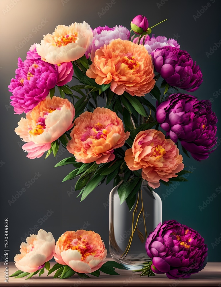 Fototapeta premium Romantic festive bouquet of flowers, peonies, roses, chrysanthemums, congratulations, postcard, wedding flowers