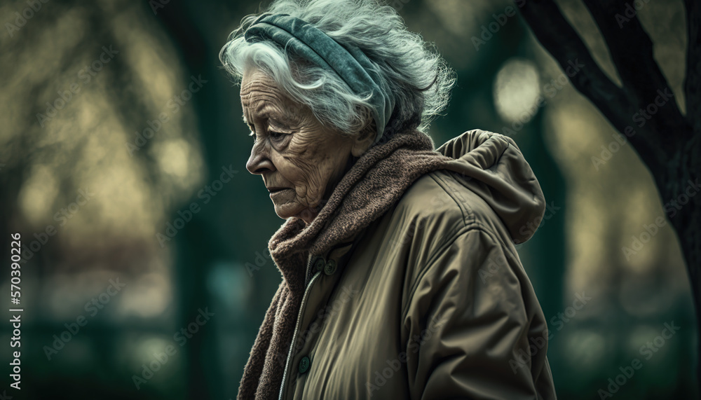 Sad grandmother walking in the park. Loneliness in old age. ia generate