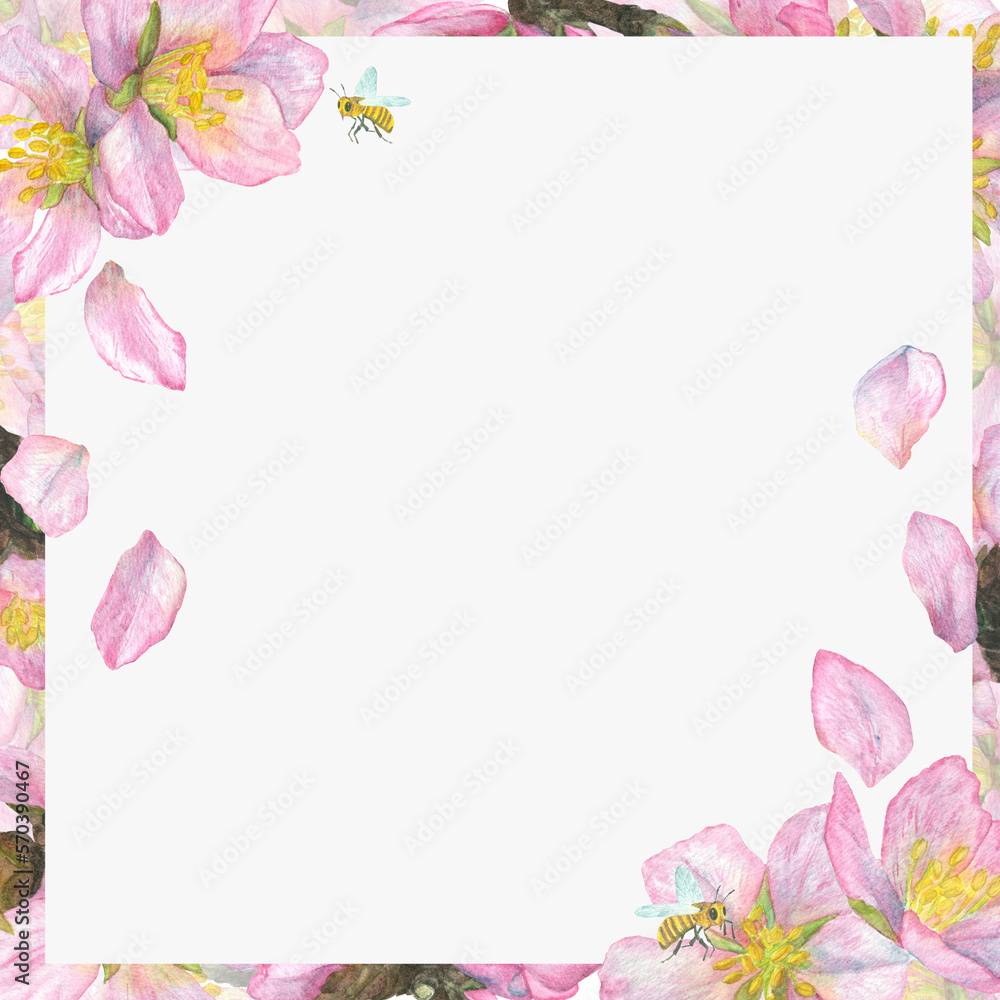 Square thin frame with inflorescences and cherry petals. Romantic watercolor illustration. Square thin frame with inflorescences and cherry petals. Romantic watercolor illustration.