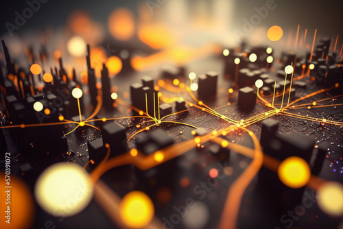 Connections and Networks Concept. Circuit Board Cities at night with orange lights. Digital Painting. Generative Ai technology