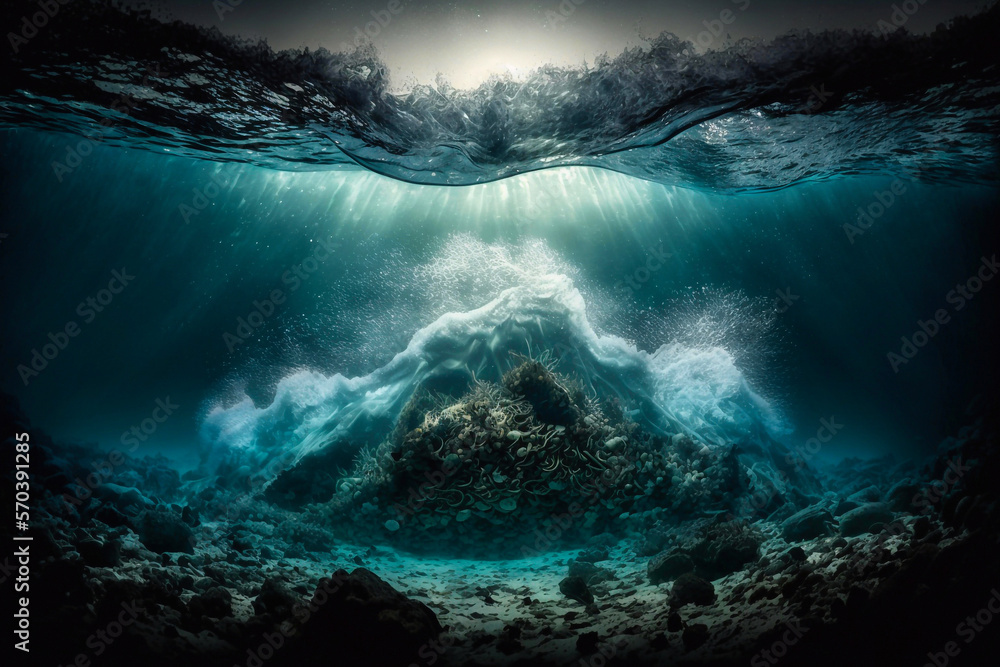 Water, dramatic lighting, under ocean. Generative AI