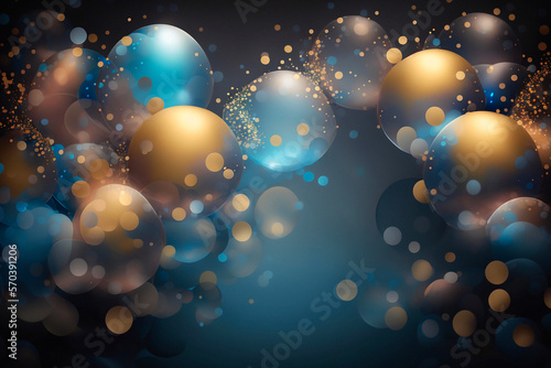 Celebrating in Style: A Festive Birthday Party Background with Golden and Blue Balloons, Falling Confetti and Bokeh Lights. Generative AI