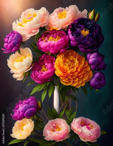 Romantic festive bouquet of flowers  peonies  roses  chrysanthemums  congratulations  postcard  wedding flowers