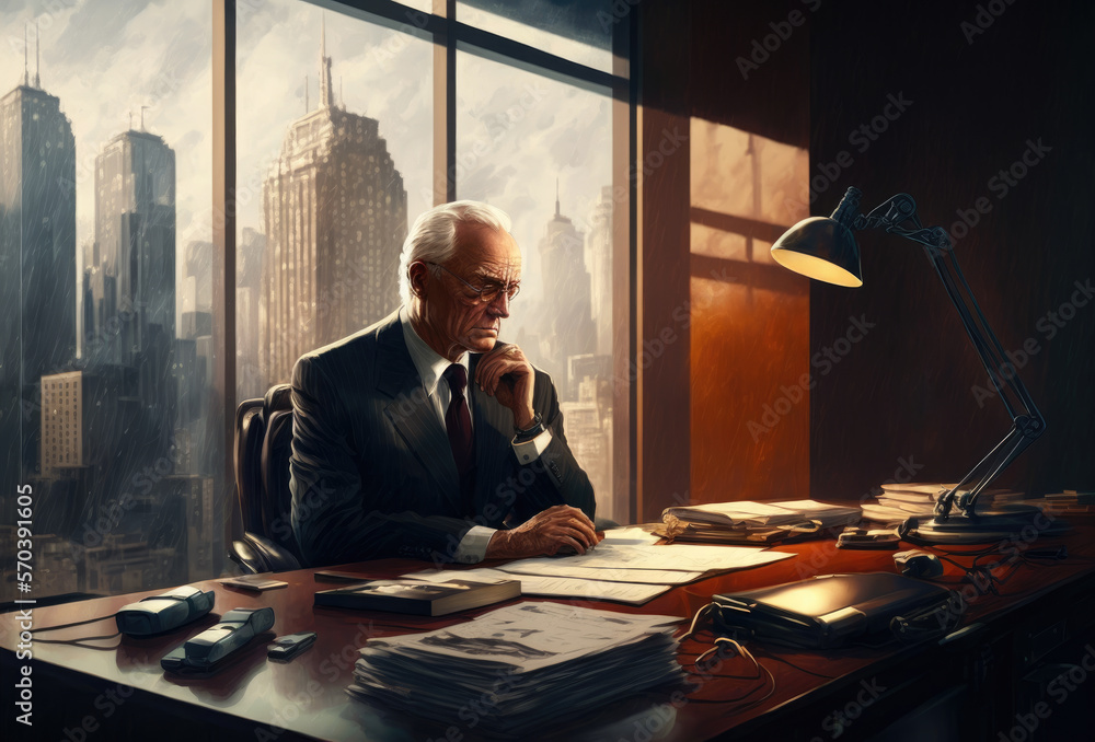 Fototapeta premium A senior businessman working in his office. Illustration Created with Generative AI, no one recognisable. Not a real person.