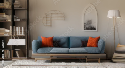 Interior design of modern living room, blue sofa near library.