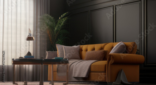 Interior design of vintage living room, orange sofa and black wall. 