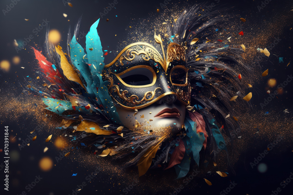 Mardi Gras Mask on Black Background with Glitter, Gold Foil, Confetti