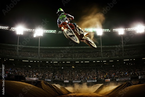 Supercross Rider in Action Jumping at Stadium
