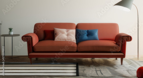 Interior design of modern living room, red sofa, white wall. 