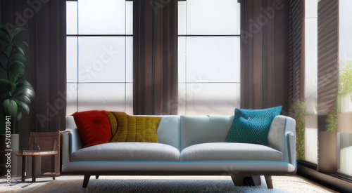 Interior design of modern living room, white sofa, plants, wooden walls. 