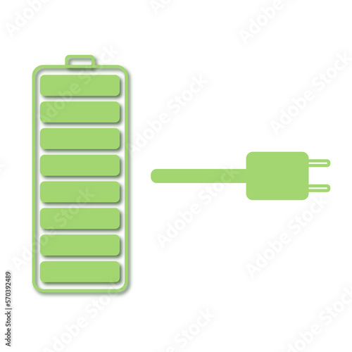 illustrazione con batteria e cavo elettrico verdi, concetto di energia rinnovabile su sfondo trasparente photo
