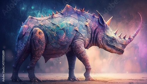  a large dinosaur with spikes on it's head and a lot of stars on it's back, standing in a dark room.  generative ai © Oleg