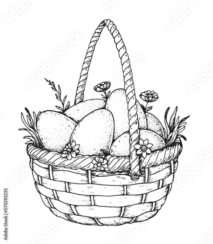 Basket with eggs illustration. Hand drawn vector illustration. Basket with eggs sketch. Design element.
